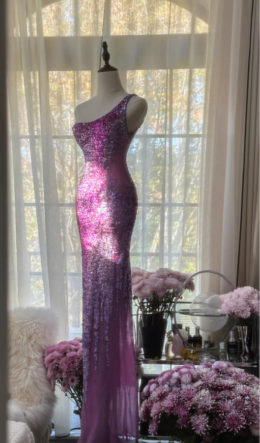 Glamorous Ombre Purple One Shoulder Chiffon Sequin Beaded Mermaid Long Evening Dress Birthday Party Dress - View 2 | VelvetHem