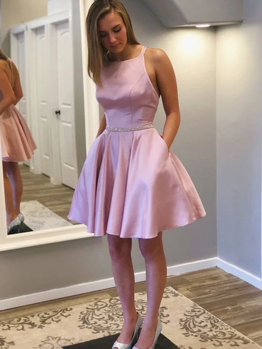 A-Line/Princess Satin With Rhinestone Straps Sleeveless Short/Mini Homecoming Dresses - VelvetHem