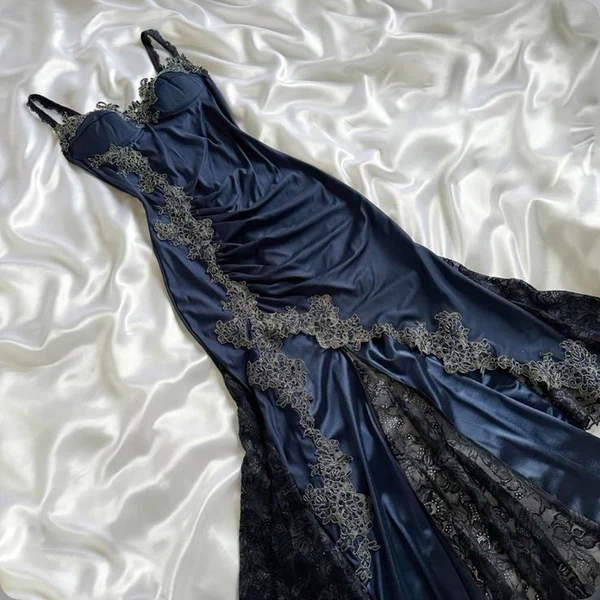 Vintage Navy Blue Satin Lace Appliques Mermaid Evening Dress Prom Dress Y8497 - VelvetHem