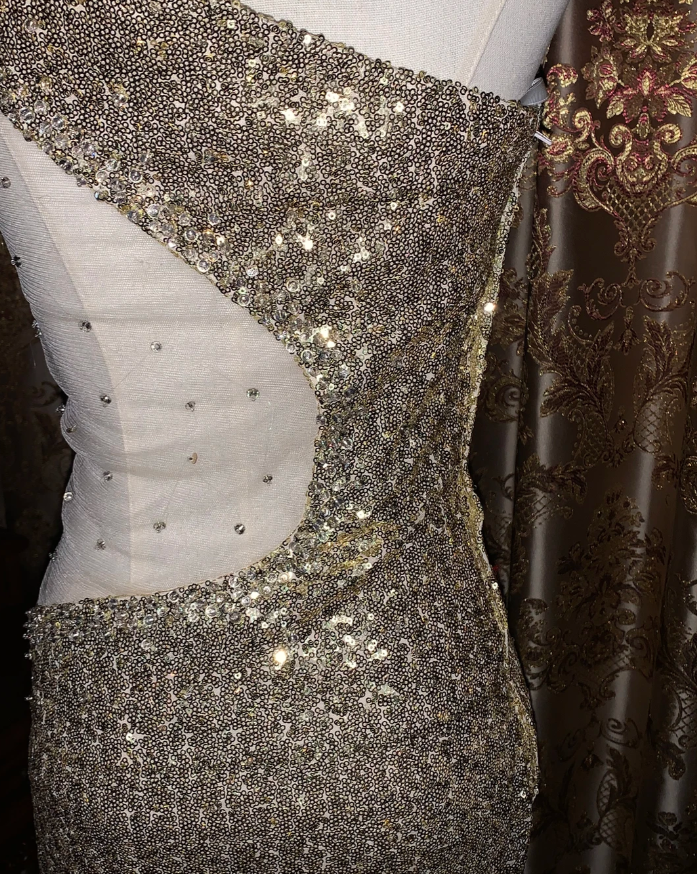 Sparkly Gold One Shoulder Sequin Mermaid Evening Dress Long Party Gown - View 5 | VelvetHem