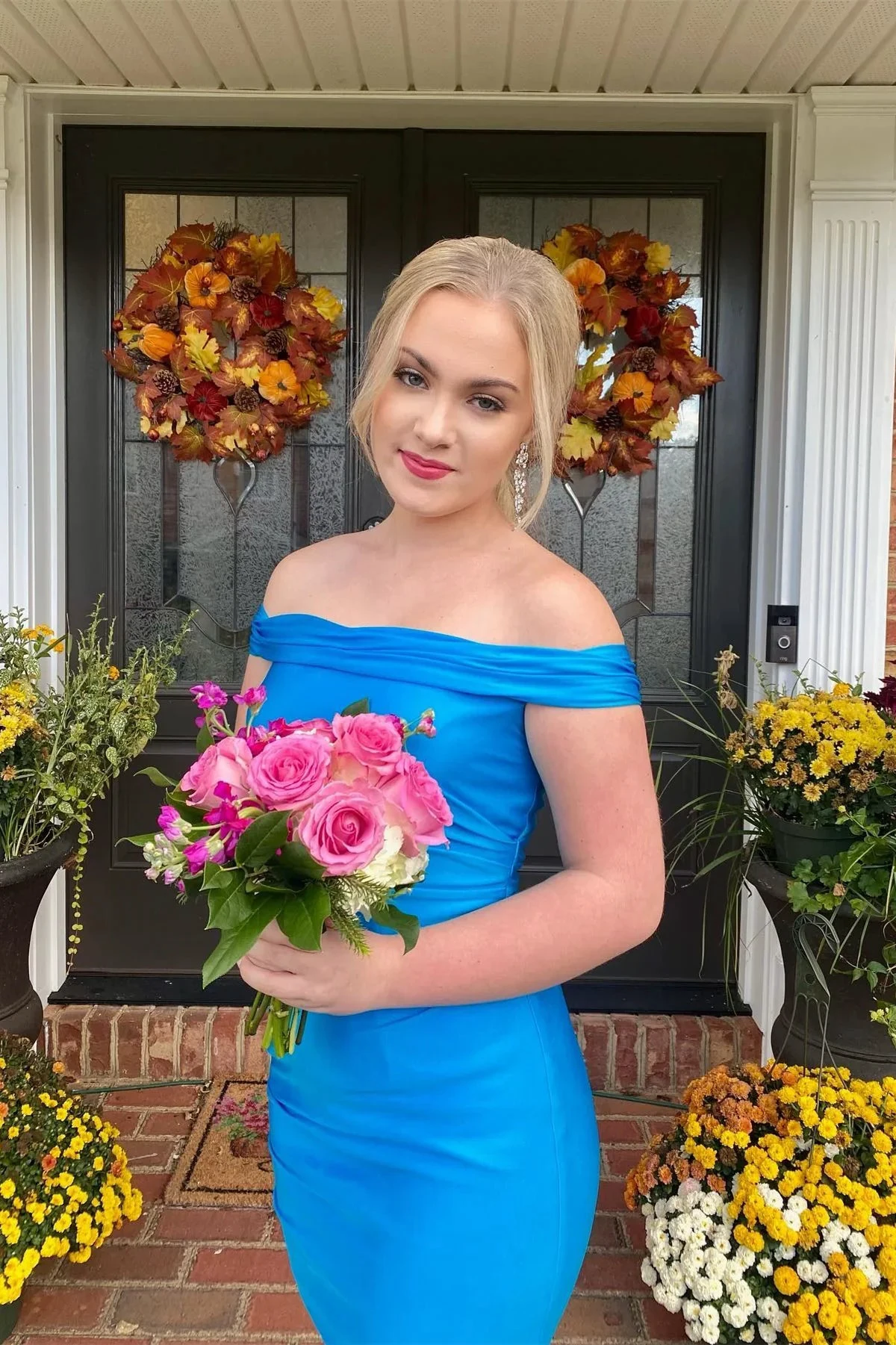 Simply Blue Off the Shoulder Bodycon Mini Homecoming Dress (ZD11751) - VelvetHem