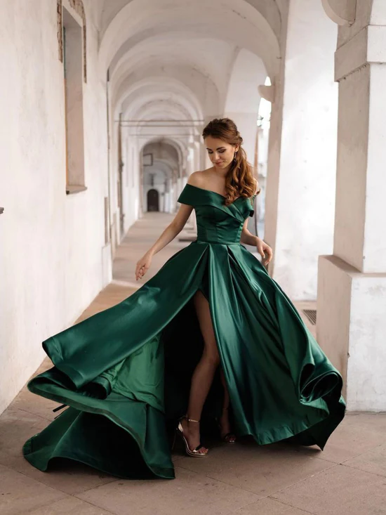Simple green off shoulder satin long prom dress, green evening dress cc86 - VelvetHem