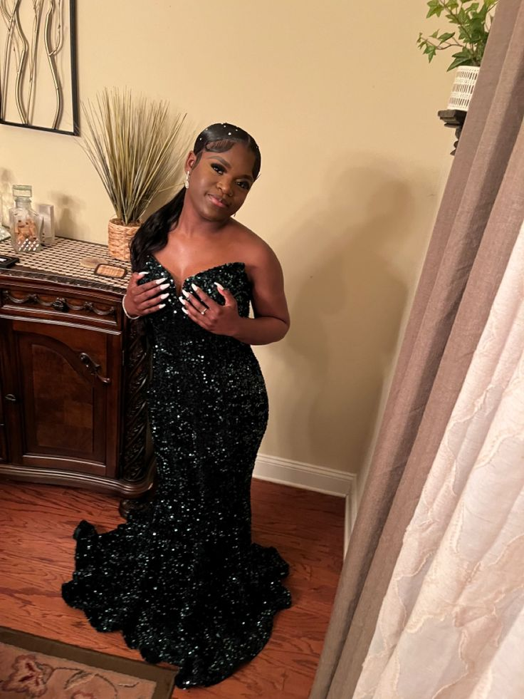 Dark Green Strapless Sequins Mermaid Evening Gown Sexy Prom Dress Y7971 - VelvetHem