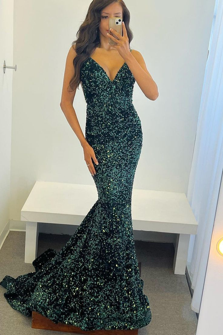 Dark Green Sequins Backless Mermaid Prom Dress - VelvetHem