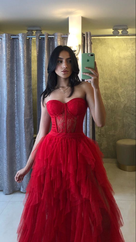 A-line Red Lace Tulle Modest Elegant Sexy Popular Long Party Evening Prom Dresses - VelvetHem