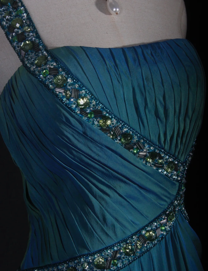Unique Blue One Shoulder Satin Pleated Beaded Mermaid Prom Dress Long Birthday Evening Gowns - View 3 | VelvetHem
