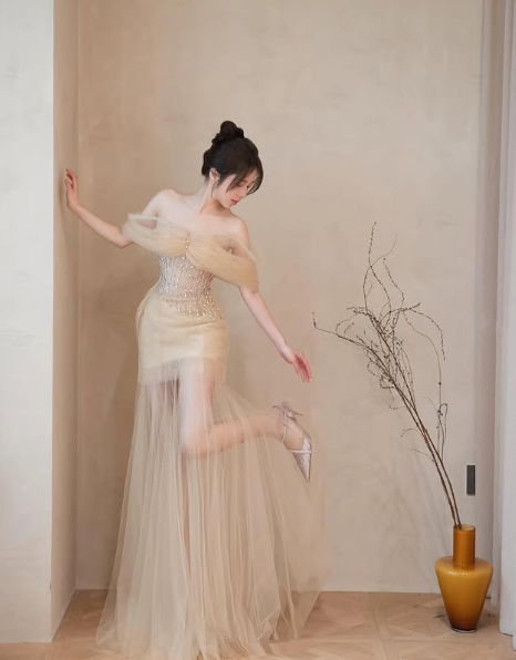 Simple Champagne Tulle Beaded Party Dress,Off The Shoulder A Line Prom Evening Dress - VelvetHem
