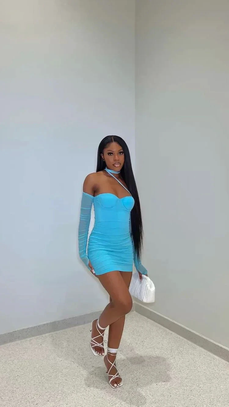Long Sleeve Sweetheart Neck Mesh Mini Dress Sexy Blue Mini Homecoming Dress (ZD12705) - VelvetHem