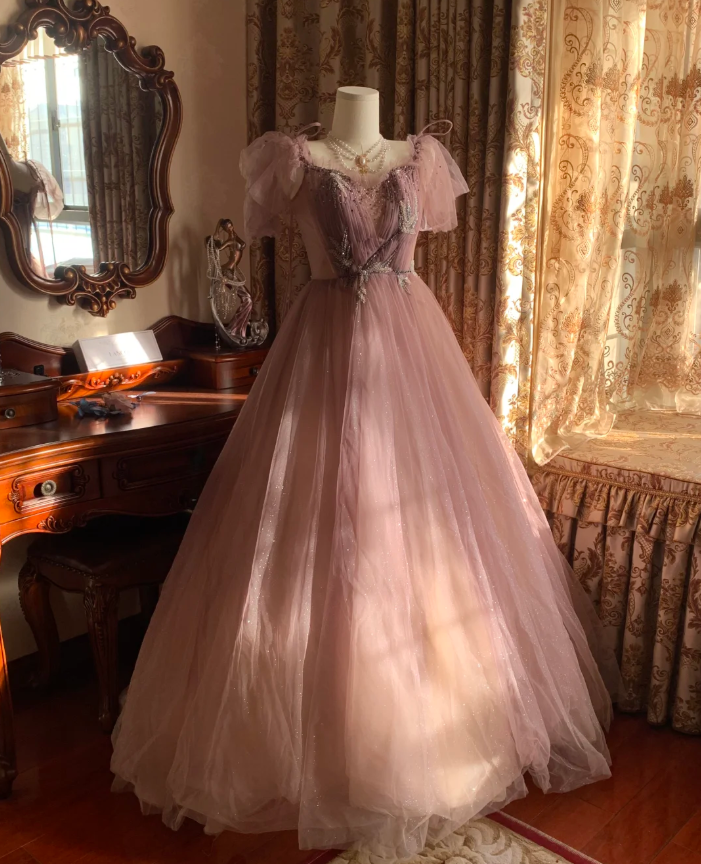 Sweet Tulle Sequin Beaded Ball Gown Pink Long Evening Dress Birthday Party Dress - View 3 | VelvetHem