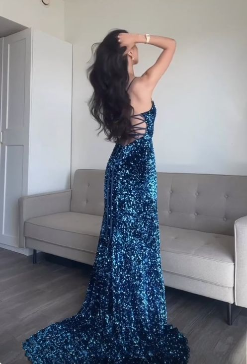Sparkly Mermaid Sequin Blue Long Prom Dress Spaghetti Straps Evening Dress - View 2 | VelvetHem