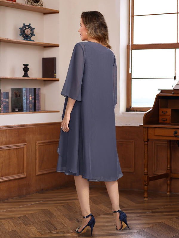 Knee Length A Line Scoop Mother of the Bride & Groom Dress with Beaded Jacket and Ruffles