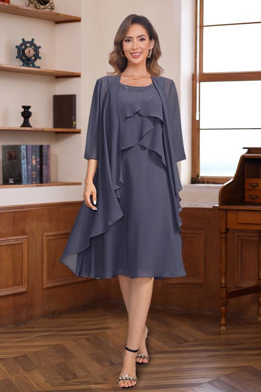 Knee Length A Line Scoop Mother of the Bride & Groom Dress with Beaded Jacket and Ruffles