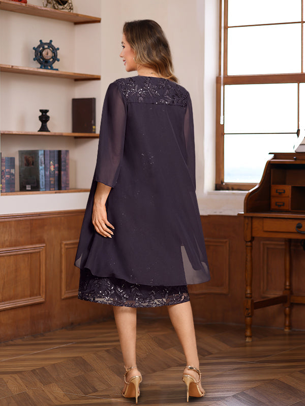 Knee Length A Line Mother of the Bride & Groom Dress with Scoop Neck Jacket Lace Appliques and Sequins