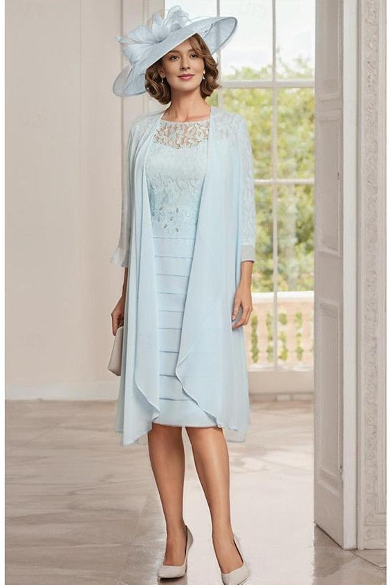 Knee Length Jewel Neck Mother of the Bride Two Piece Dress with Sheath Column Silhouette and Jacket