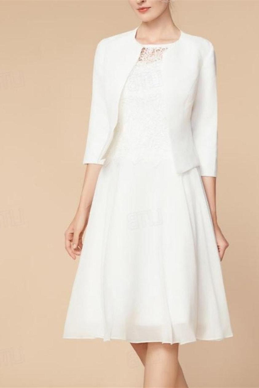 Knee Length Mother of the Bride A Line Dress with 3/4 Sleeves and Wraps