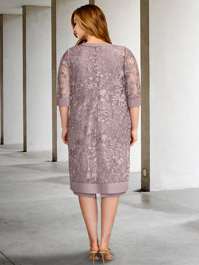 Knee Length Mother of the Bride Sheath Column Jewel Neck Dress
