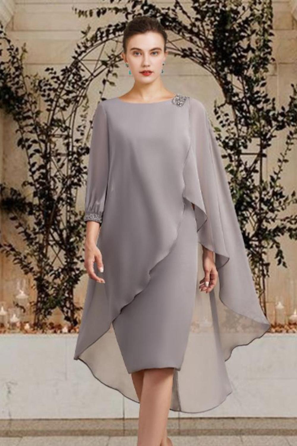 Knee Length Mother of the Bride Sheath Column Jewel Neck Dress