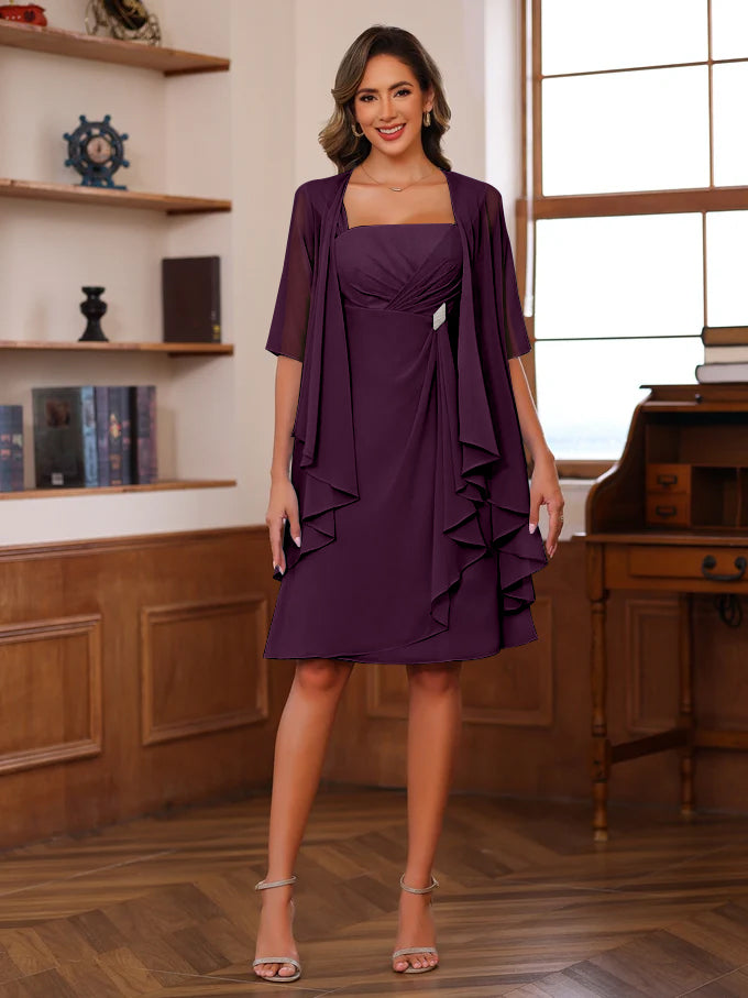 Knee Length Square Neck A Line Mother of the Bride Dress With Ruffles and Jacket