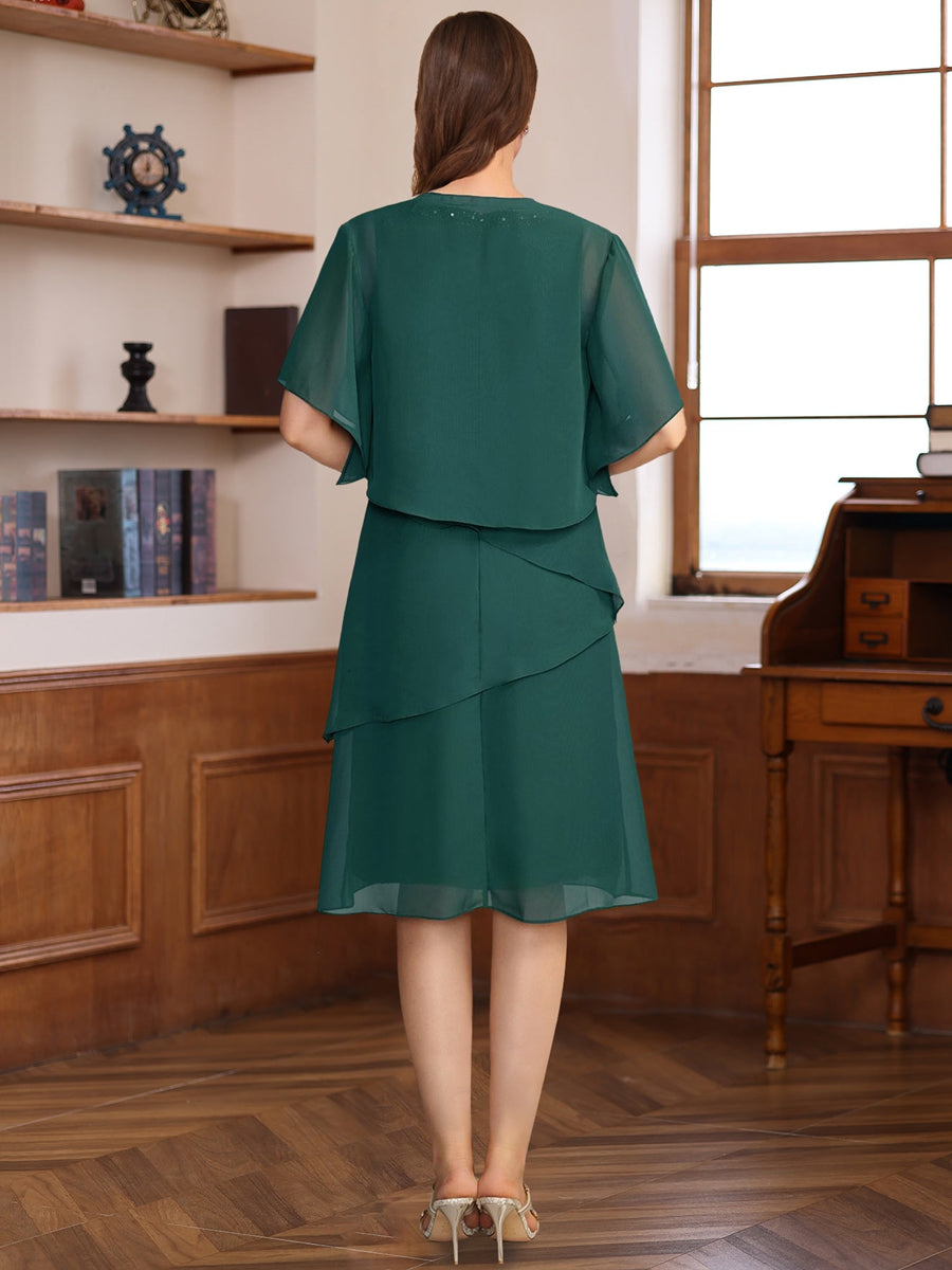 Knee Length V Neck A Line Dress for Mothers of the Bride & Groom Featuring a Jacket with Sequins