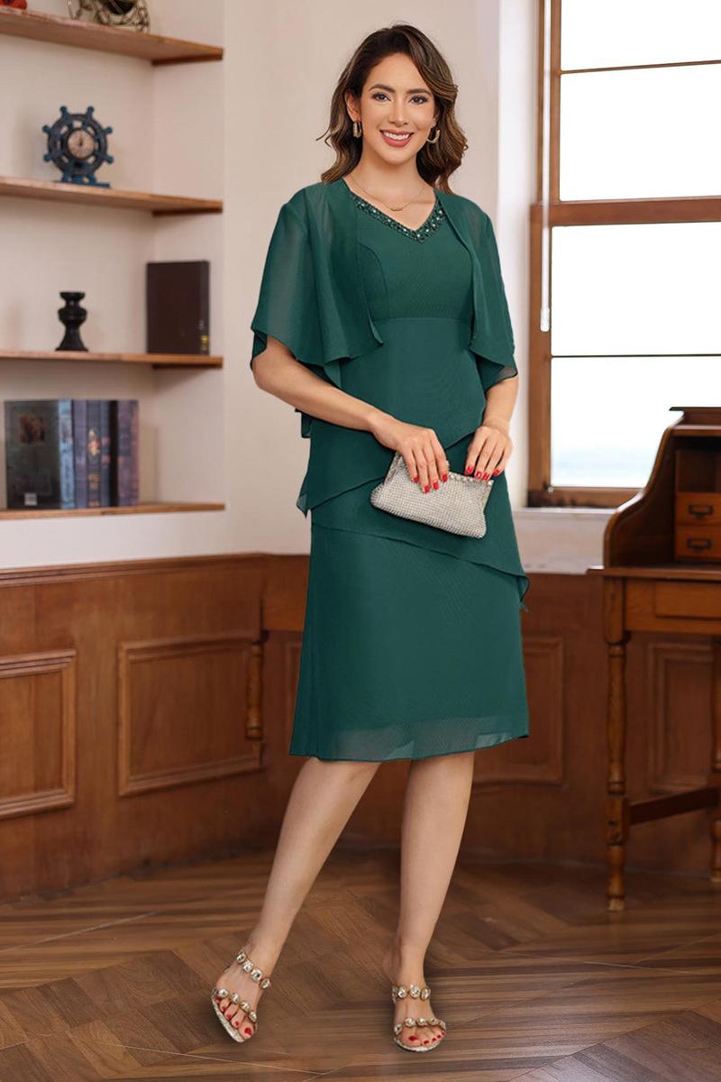 Knee Length V Neck A Line Dress for Mothers of the Bride & Groom Featuring a Jacket with Sequins
