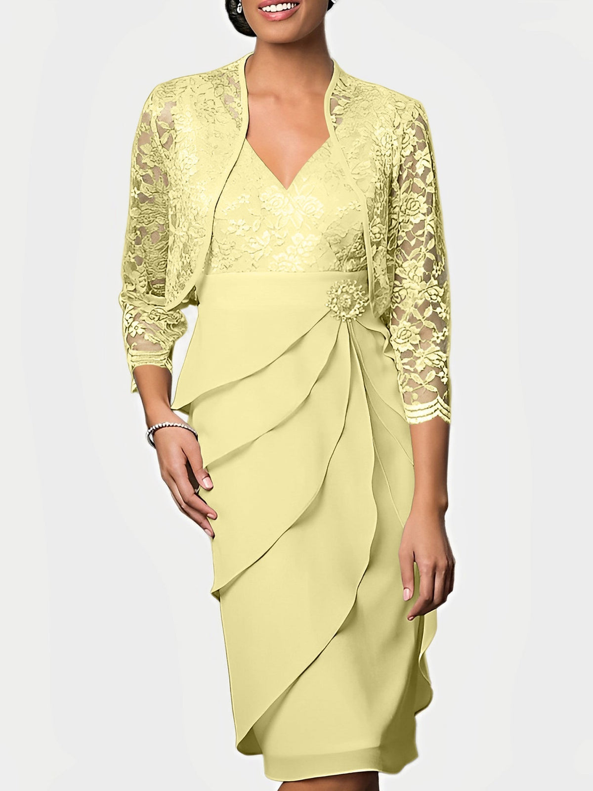 Knee Length V Neck Sheath Mother of the Bride Column Dress