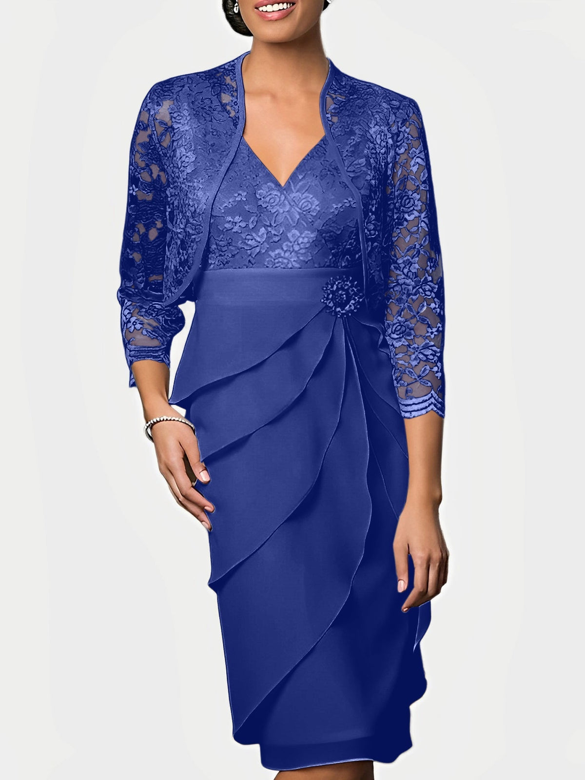Knee Length V Neck Sheath Mother of the Bride Column Dress