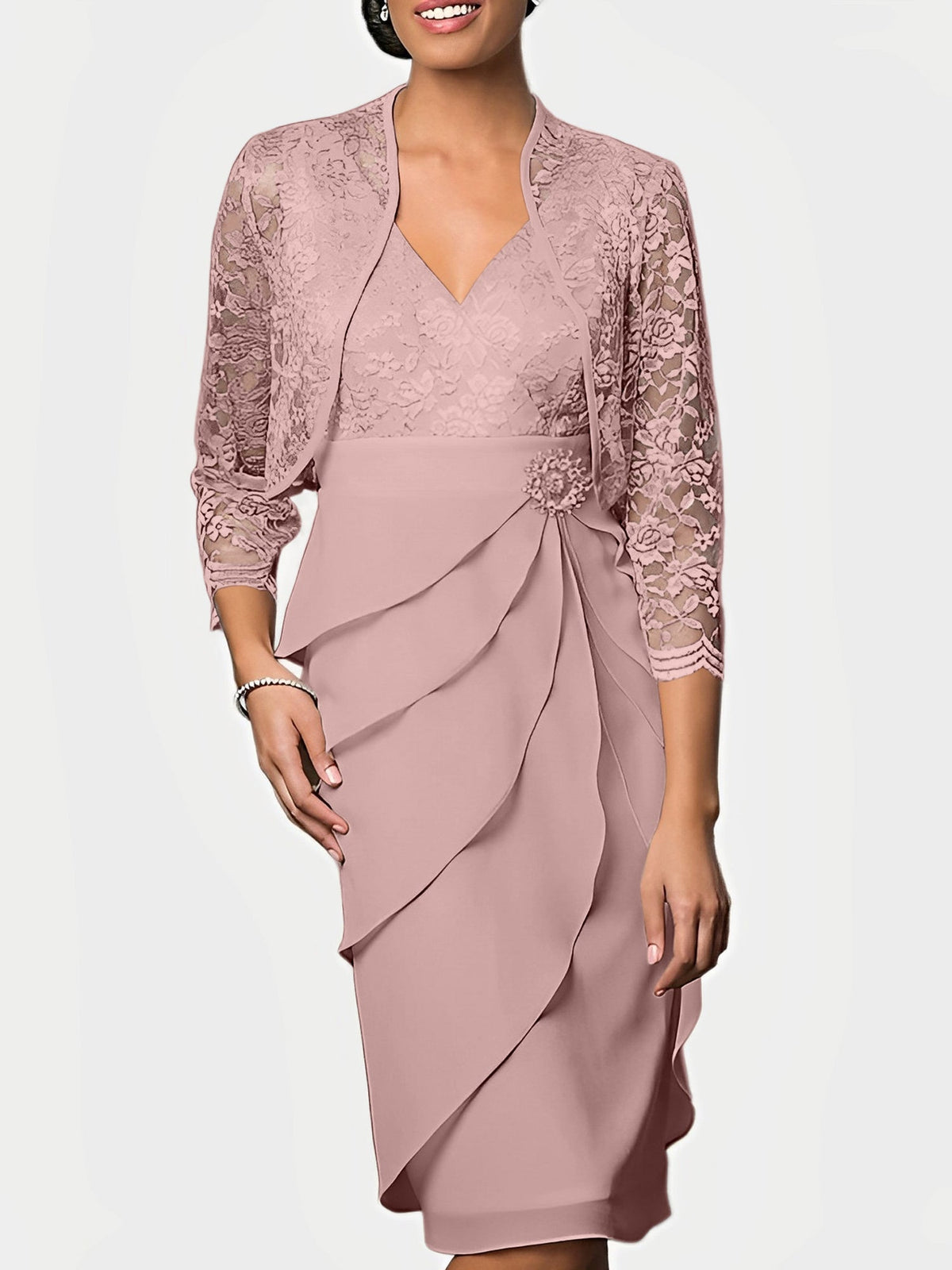 Knee Length V Neck Sheath Mother of the Bride Column Dress