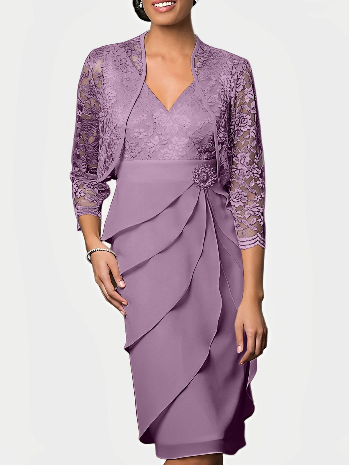 Knee Length V Neck Sheath Mother of the Bride Column Dress