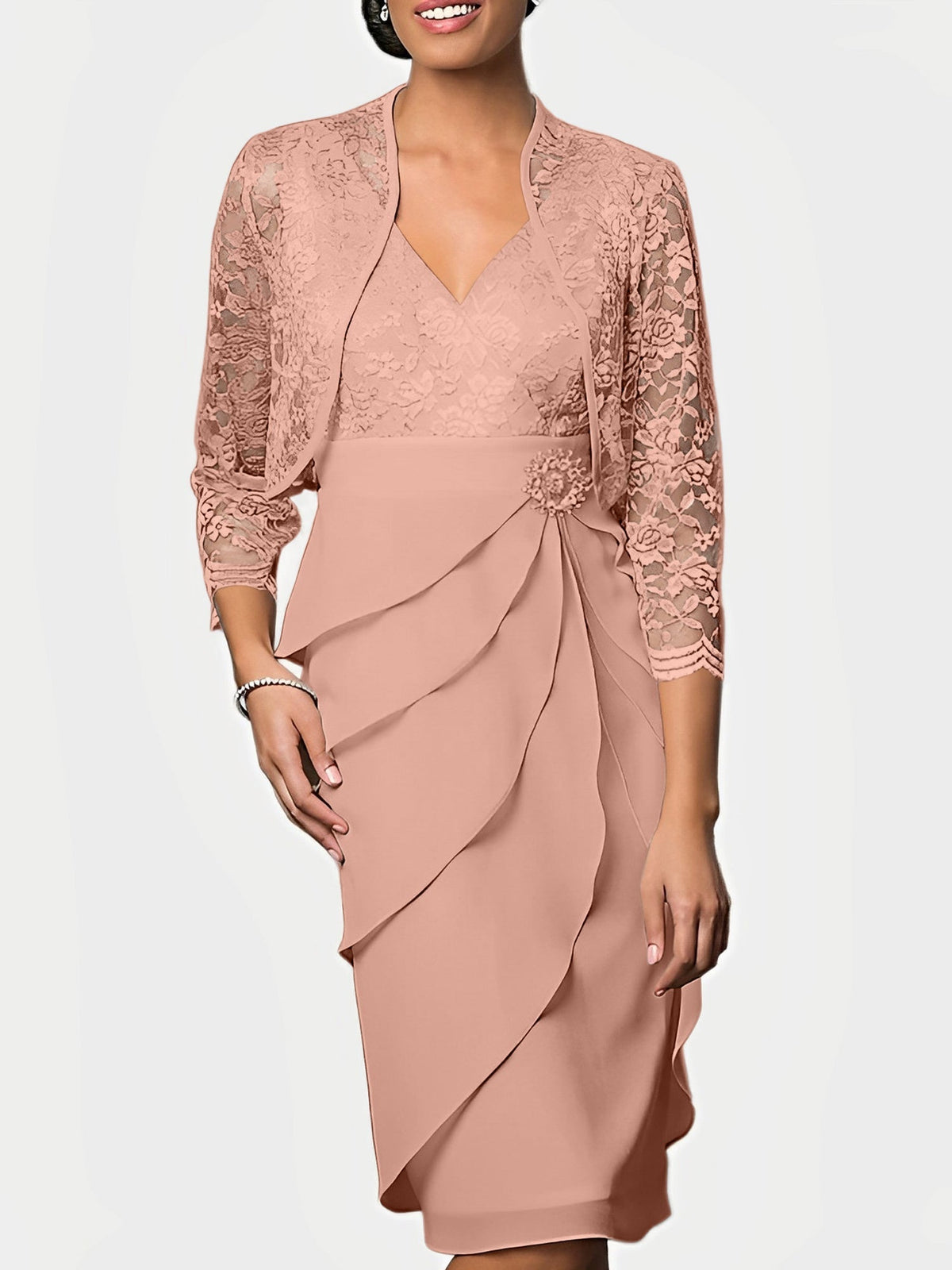 Knee Length V Neck Sheath Mother of the Bride Column Dress