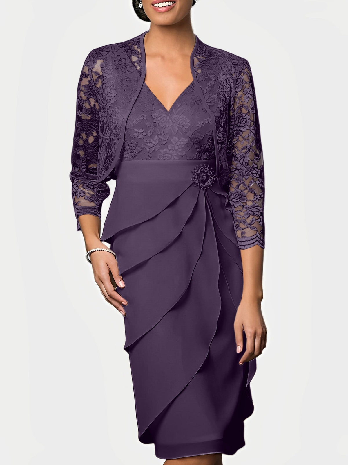 Knee Length V Neck Sheath Mother of the Bride Column Dress