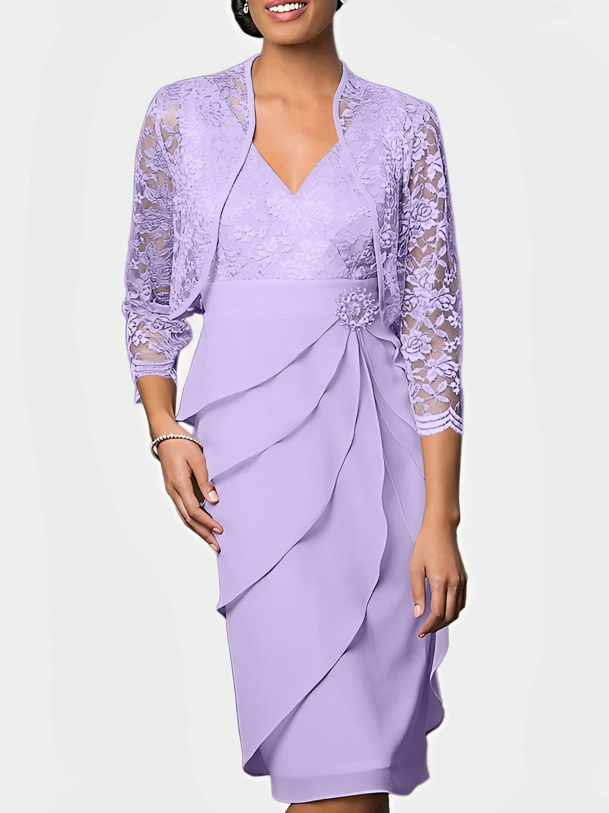 Knee Length V Neck Sheath Mother of the Bride Column Dress
