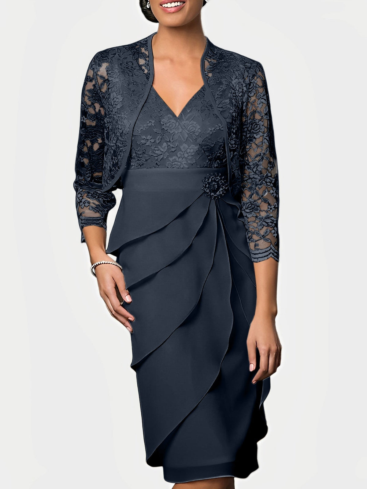 Knee Length V Neck Sheath Mother of the Bride Column Dress