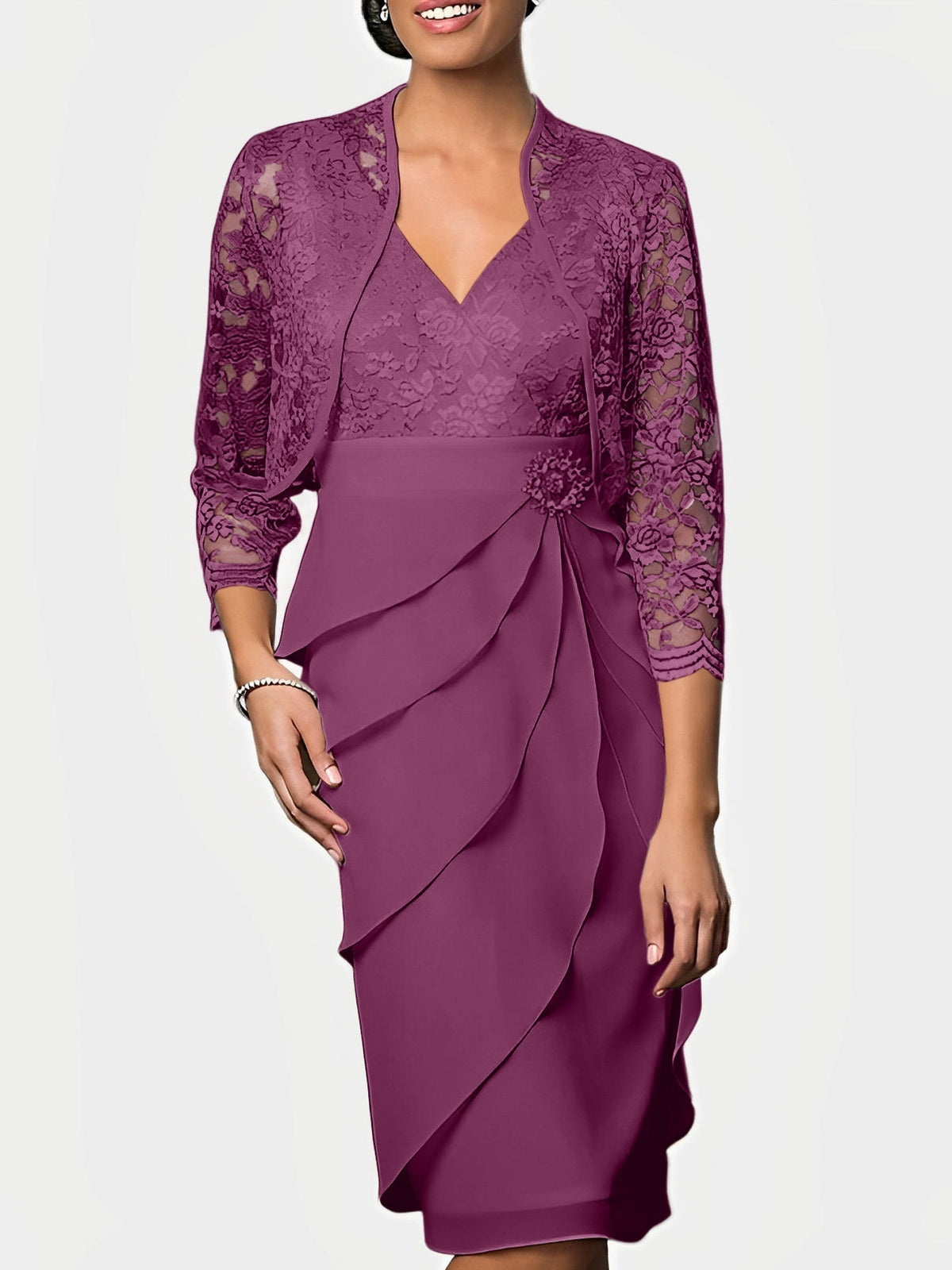 Knee Length V Neck Sheath Mother of the Bride Column Dress