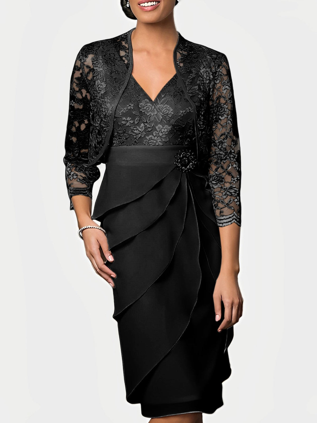 Knee Length V Neck Sheath Mother of the Bride Column Dress