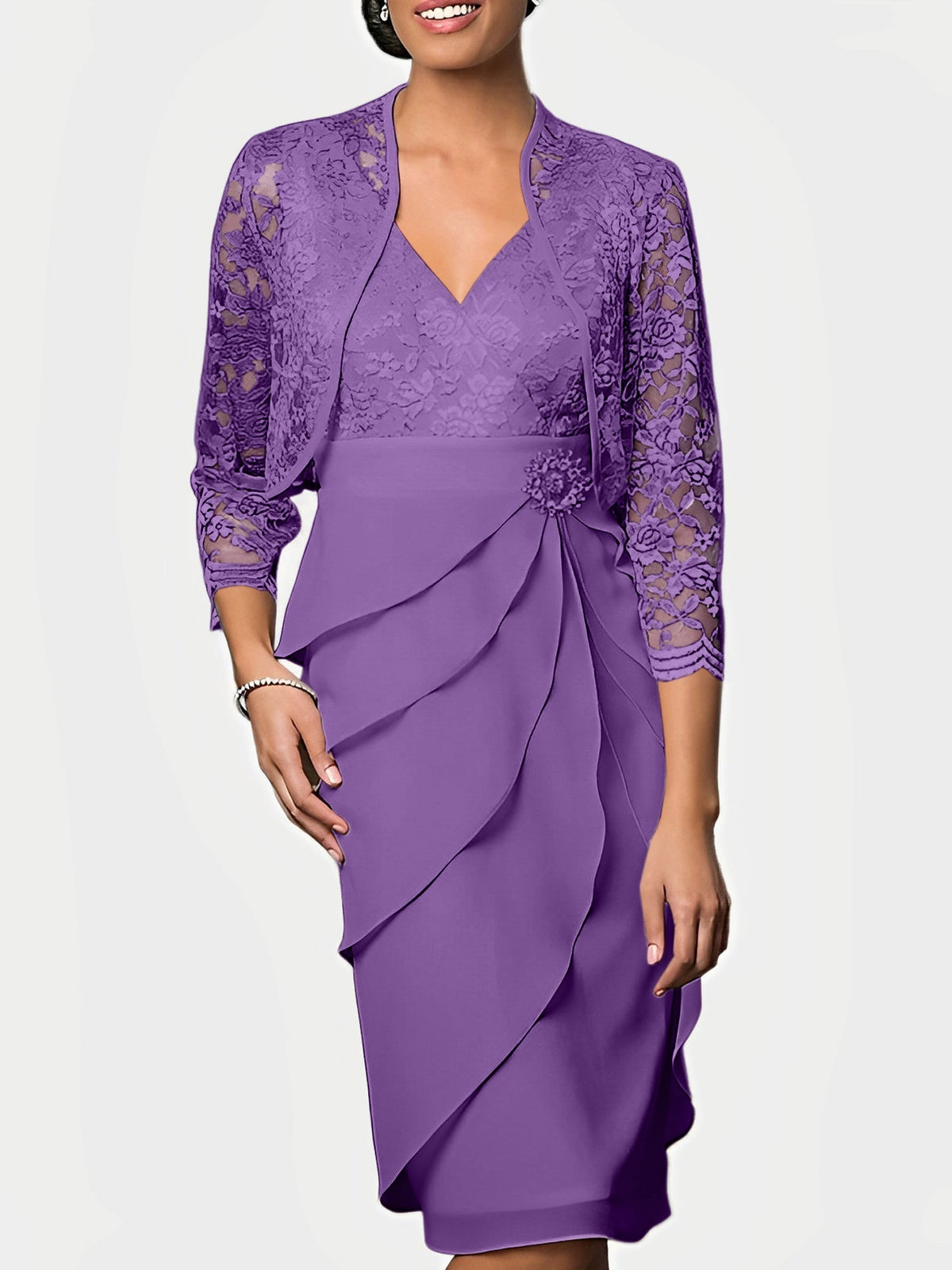 Knee Length V Neck Sheath Mother of the Bride Column Dress