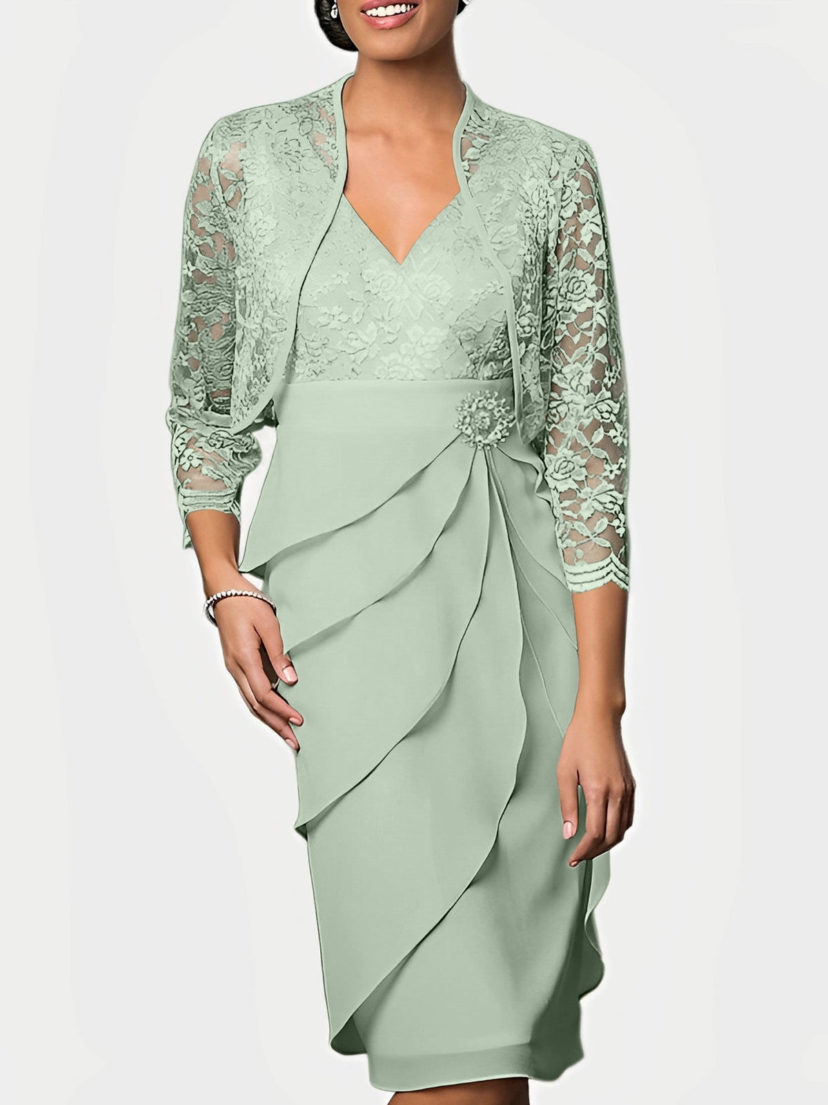 Knee Length V Neck Sheath Mother of the Bride Column Dress