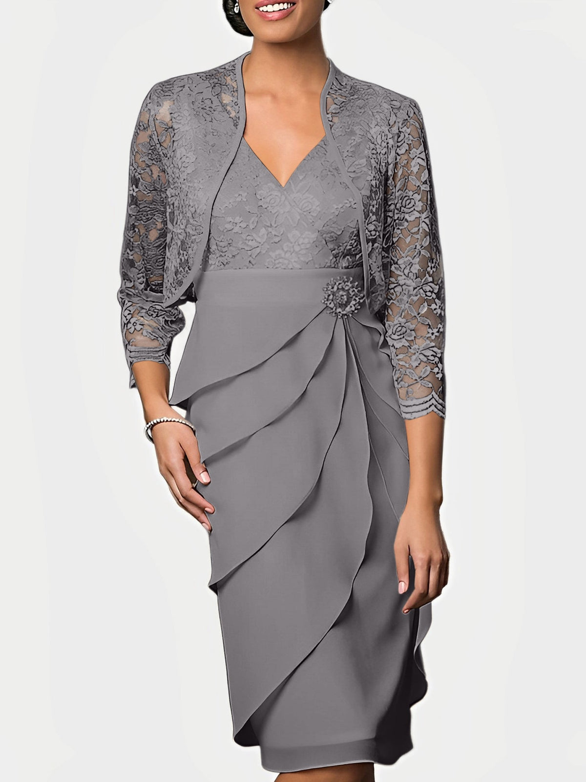 Knee Length V Neck Sheath Mother of the Bride Column Dress