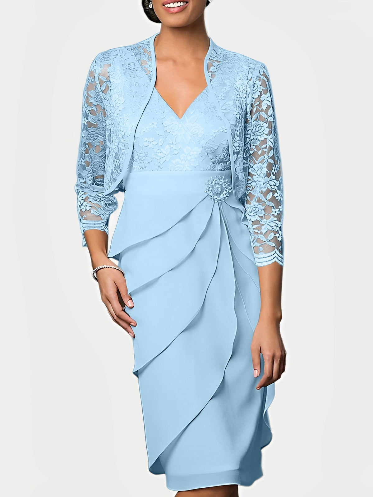 Knee Length V Neck Sheath Mother of the Bride Column Dress
