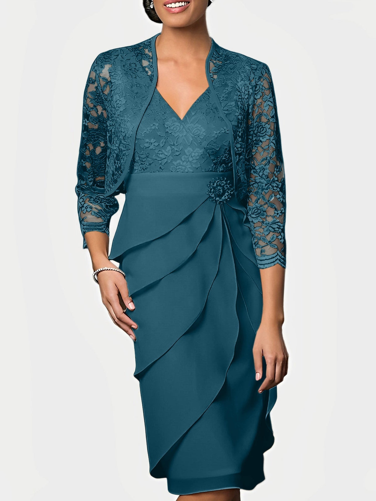 Knee Length V Neck Sheath Mother of the Bride Column Dress