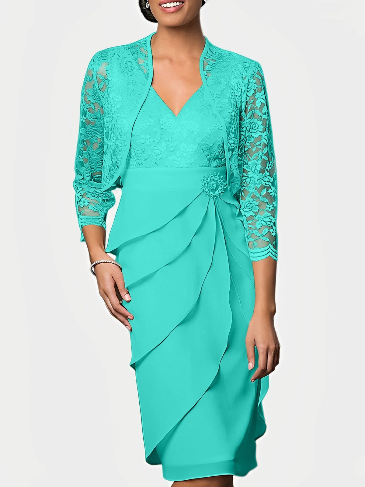 Knee Length V Neck Sheath Mother of the Bride Column Dress