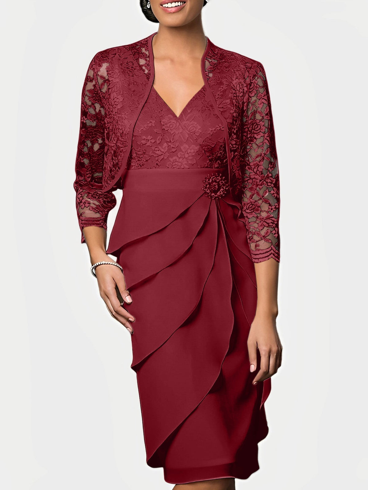 Knee Length V Neck Sheath Mother of the Bride Column Dress
