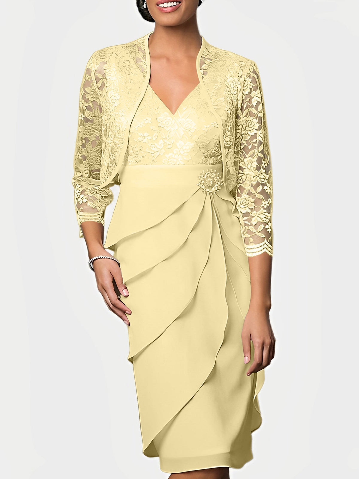 Knee Length V Neck Sheath Mother of the Bride Column Dress