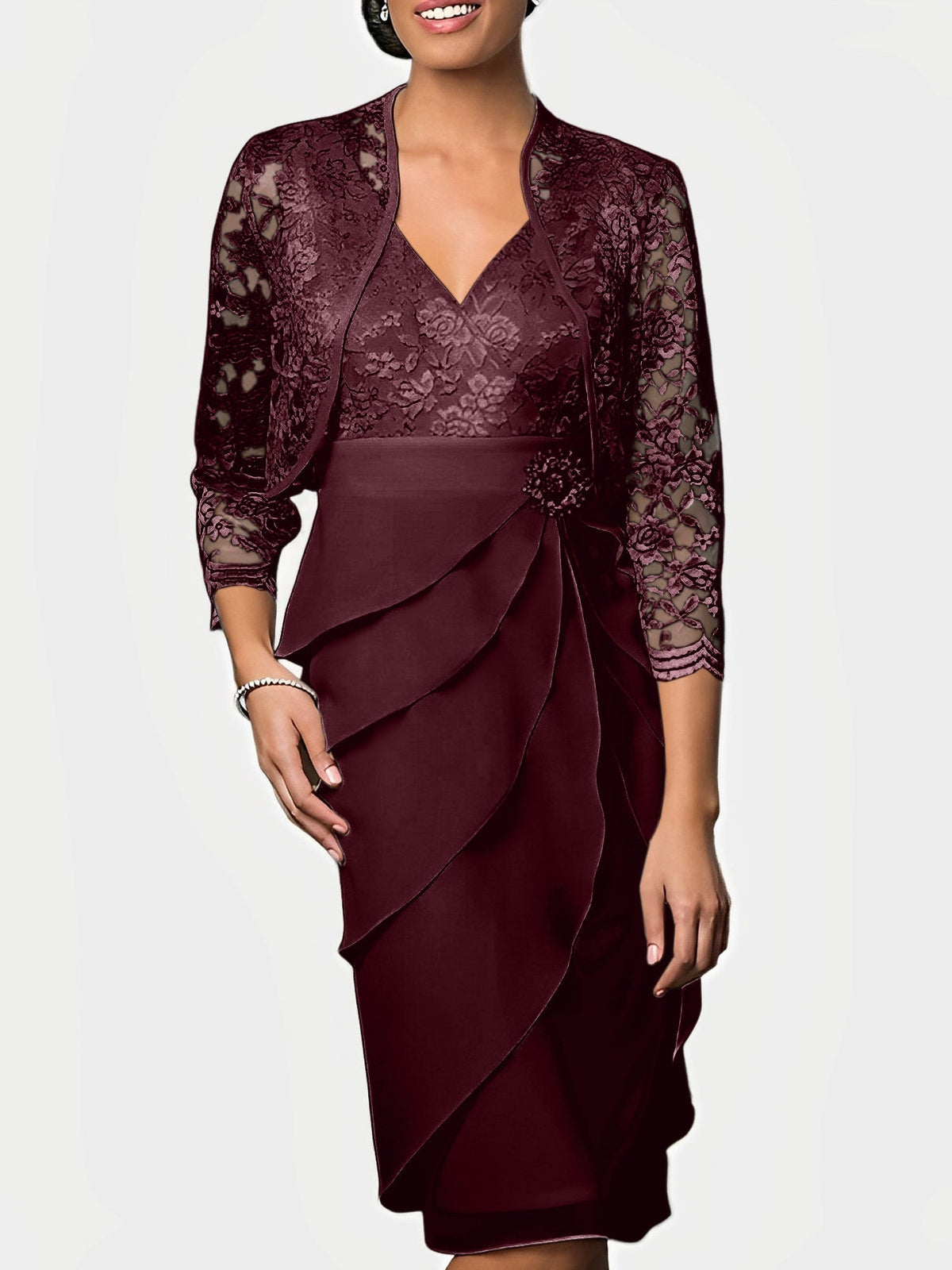 Knee Length V Neck Sheath Mother of the Bride Column Dress