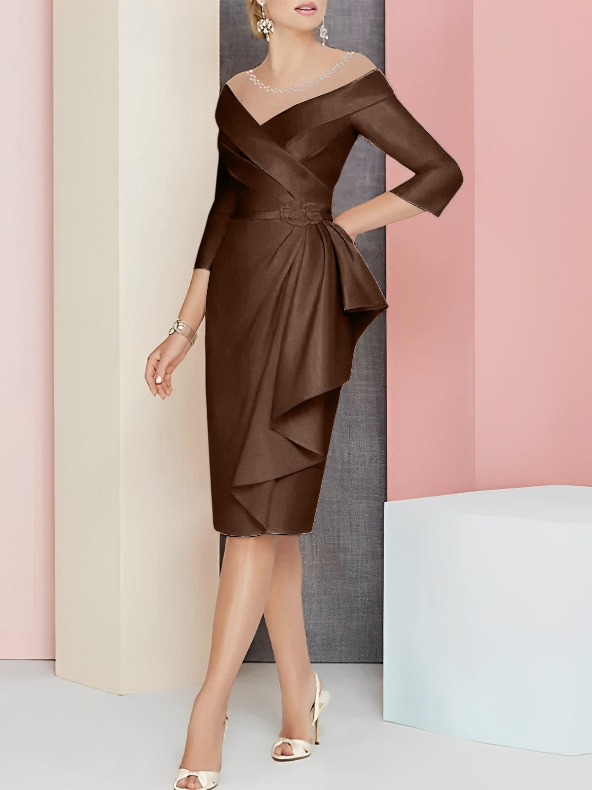 Knee Length V Neck Sheath Column Mother of the Bride Dress