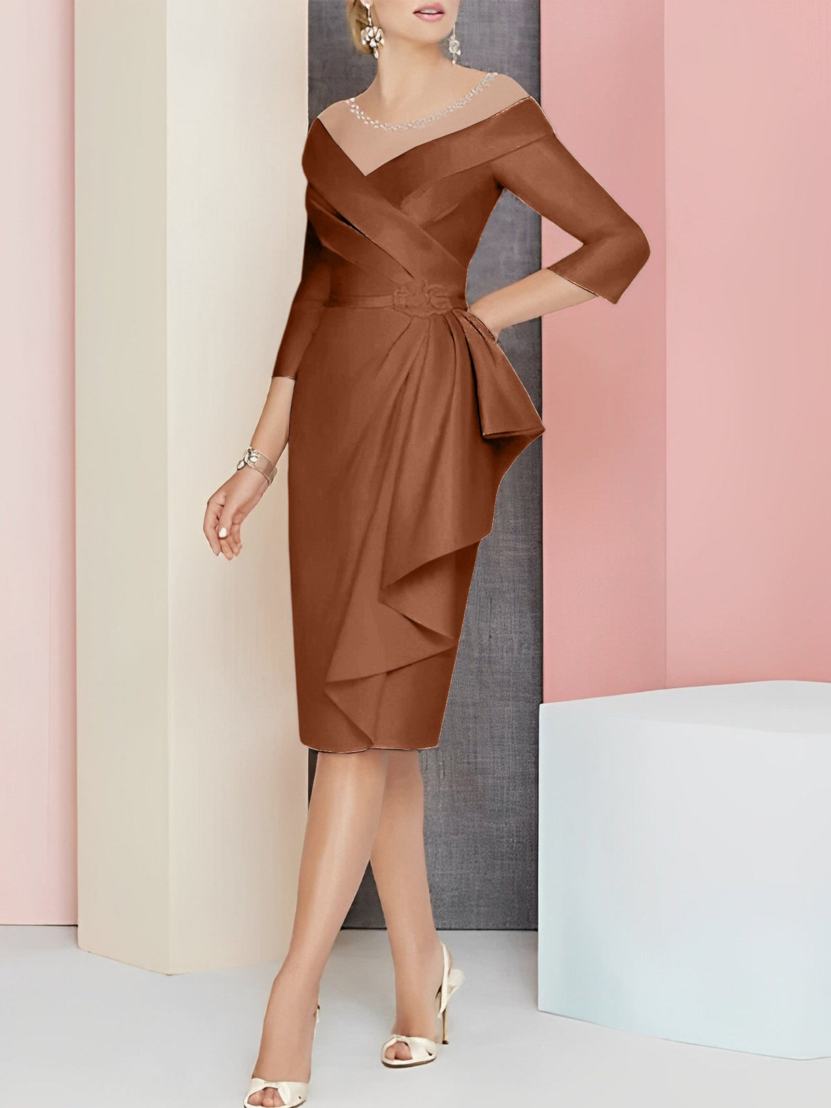 Knee Length V Neck Sheath Column Mother of the Bride Dress