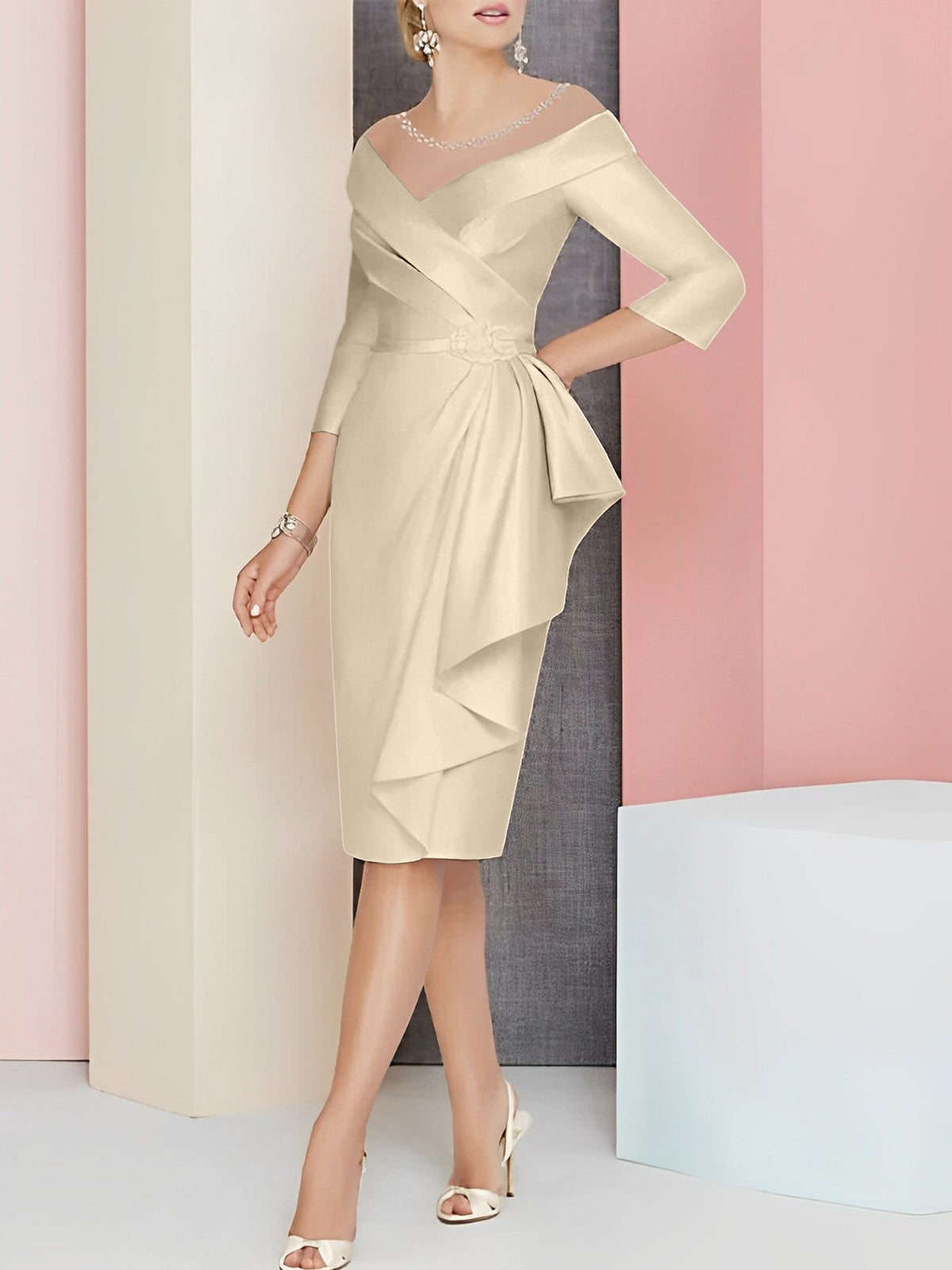 Knee Length V Neck Sheath Column Mother of the Bride Dress