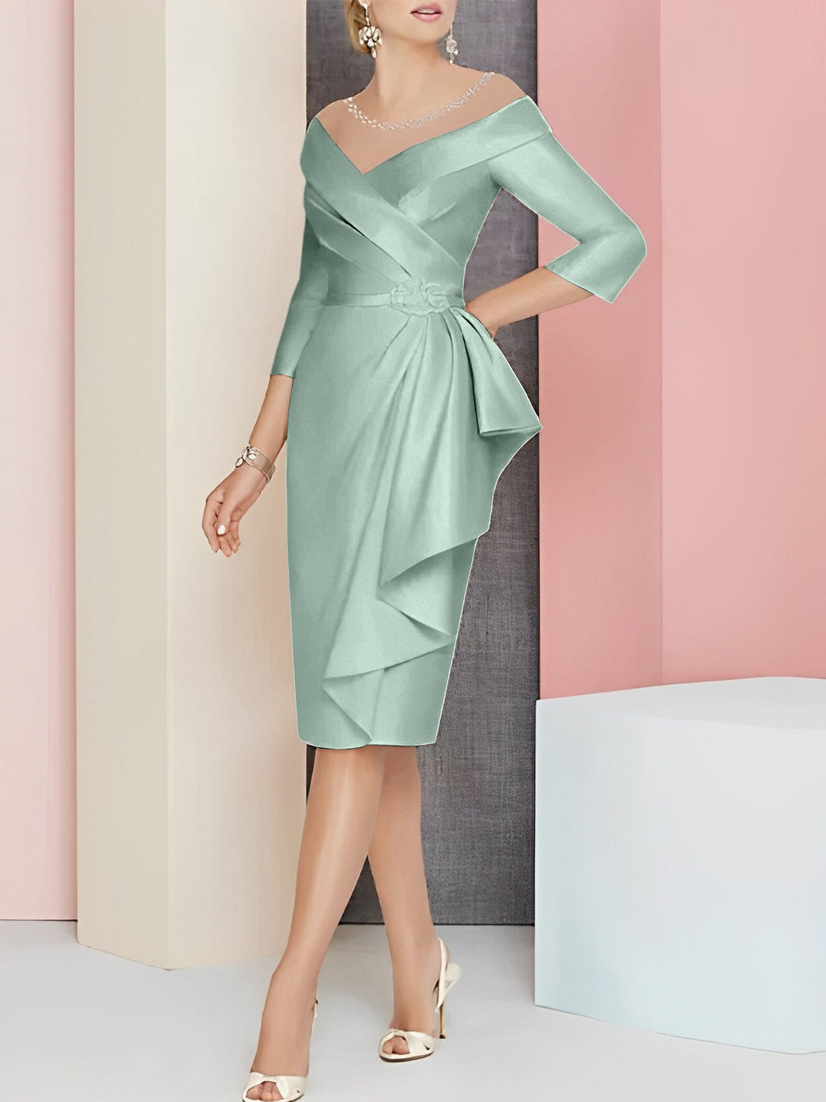 Knee Length V Neck Sheath Column Mother of the Bride Dress