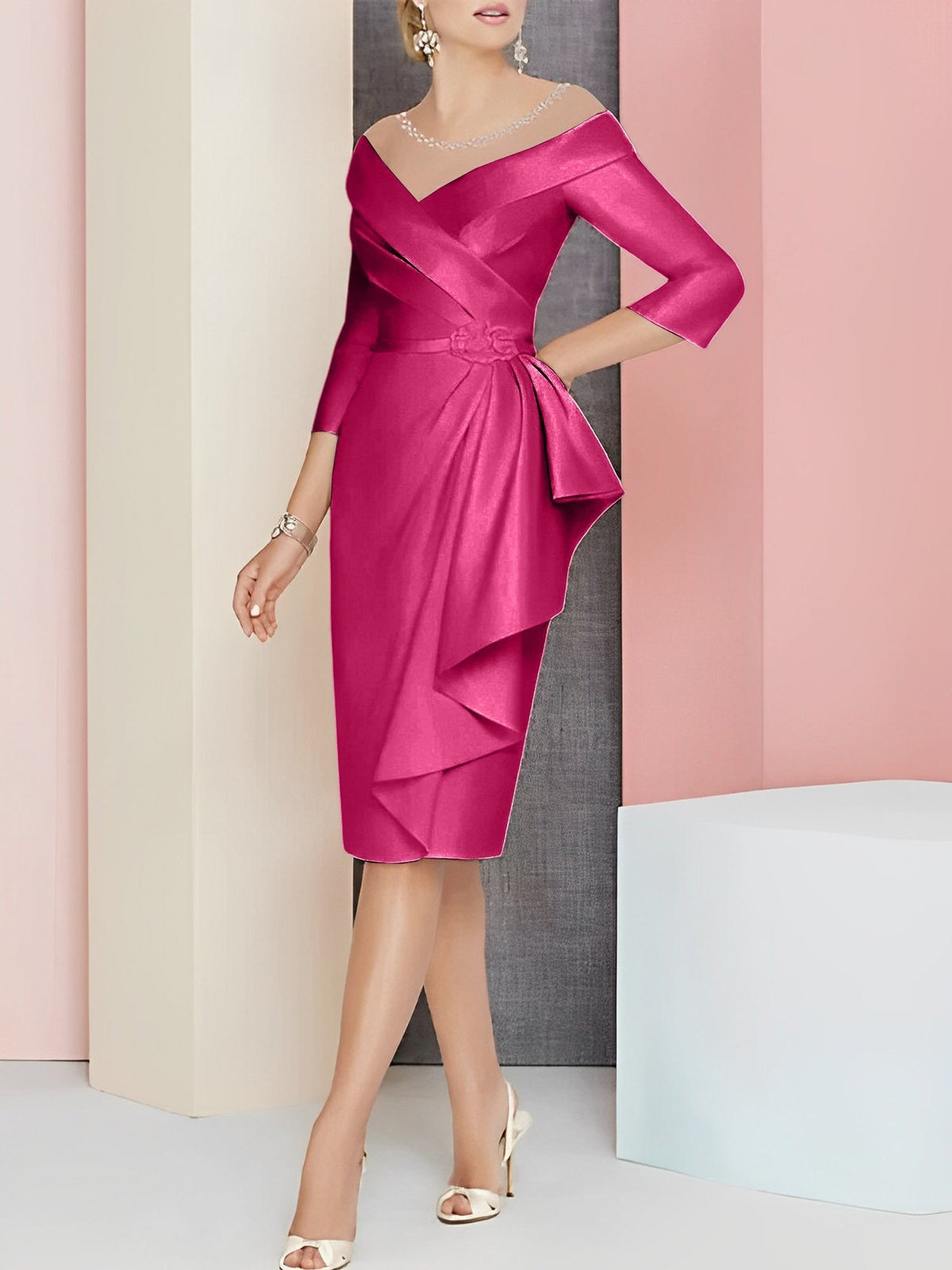 Knee Length V Neck Sheath Column Mother of the Bride Dress