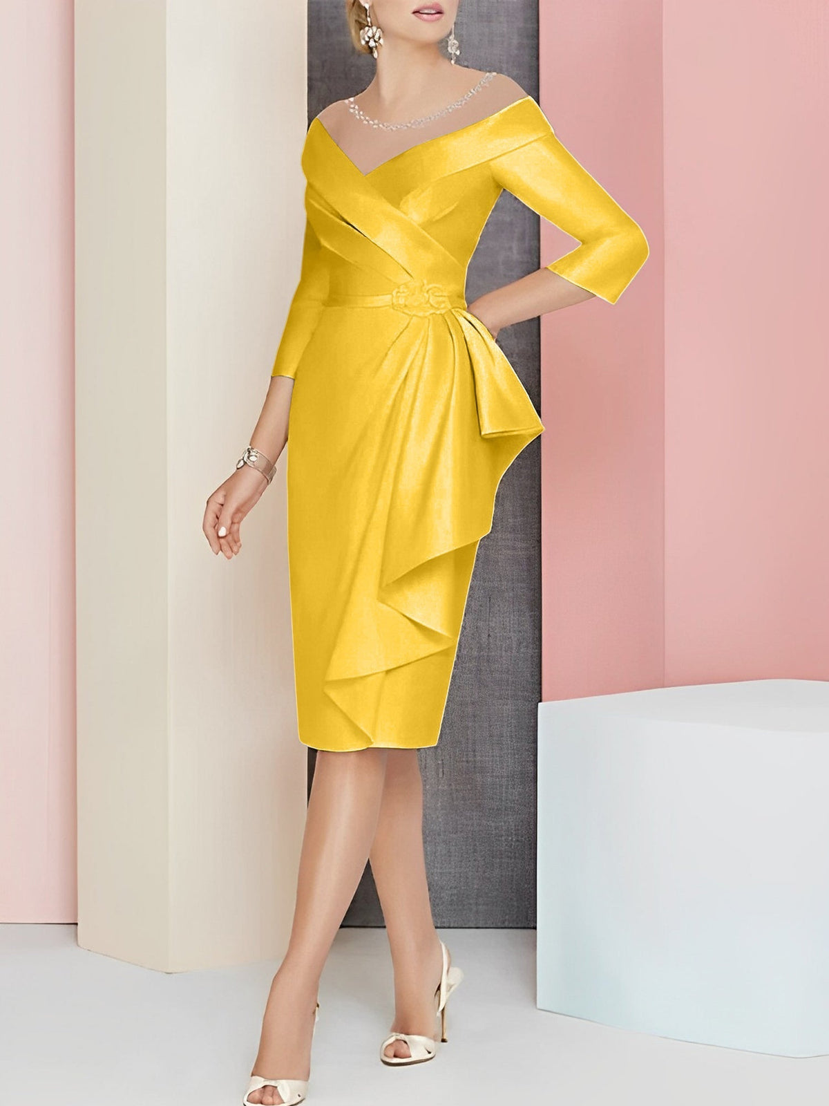 Knee Length V Neck Sheath Column Mother of the Bride Dress