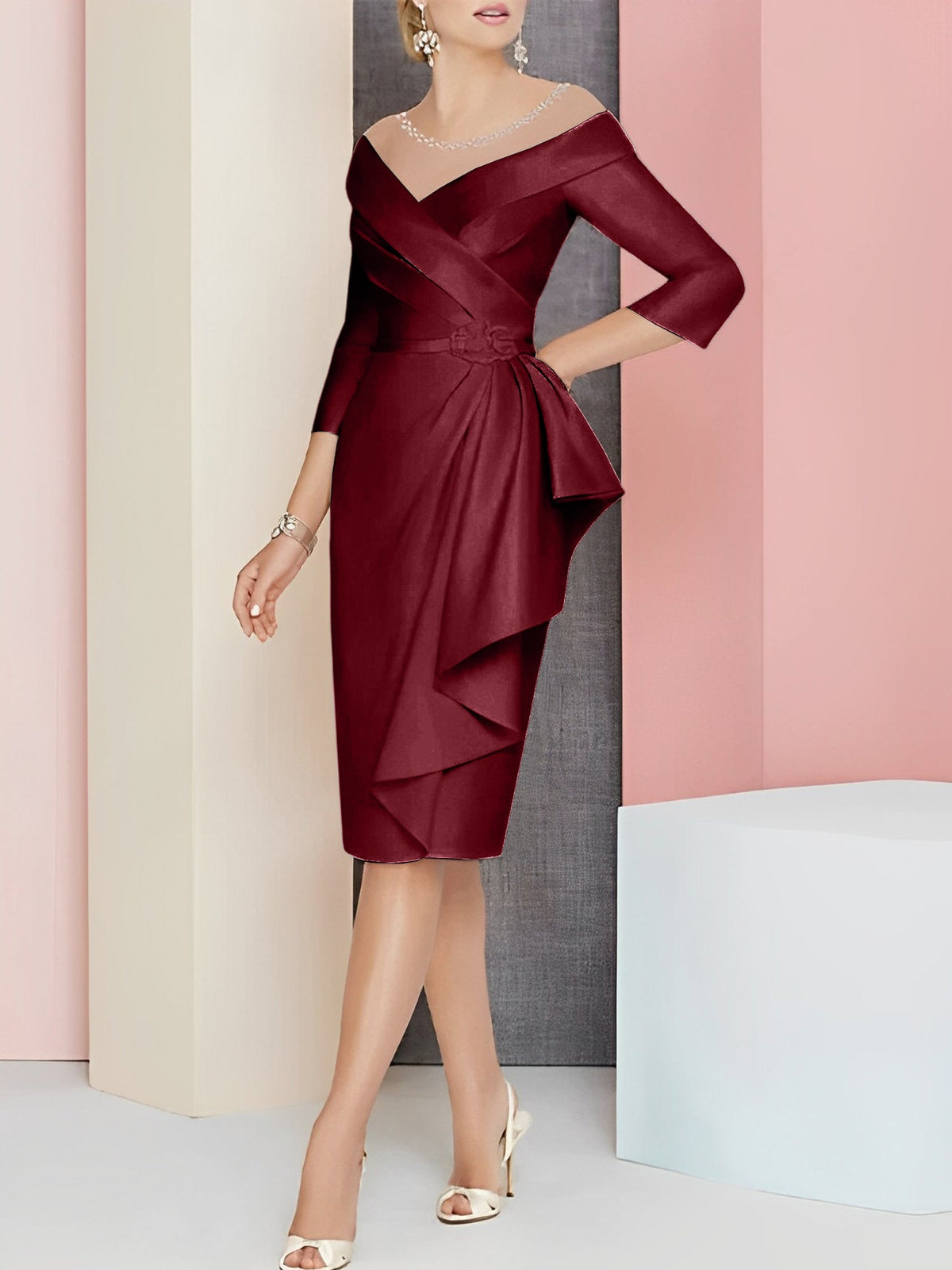 Knee Length V Neck Sheath Column Mother of the Bride Dress